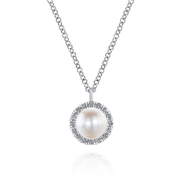 Gabriel & Co 14K White Gold Cultured Pearl and Diamond Halo Pendant Necklace NK5619W45PL