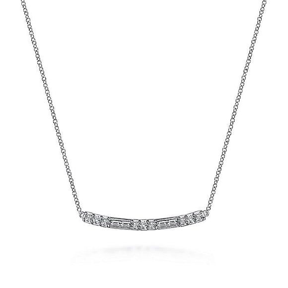 Gabriel & Co. - NK5791W45JJ - 14K White Gold Round and Baguette Diamond Curved Bar Necklace