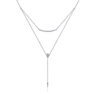 Gabriel & CO 14K White Gold Layered Curved Bar and Diamond Drop Y Necklace