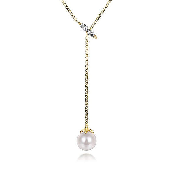 Gabriel & Co. - NK5963Y45PL - 14K Yellow Gold Diamond Bar Y Necklace with Cultured Pearl Drop