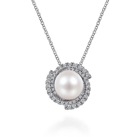Gabriel & Co. - NK6043W45PL - 14K White Gold Round Cultured Pearl Swirling Diamond Halo Pendant Necklace