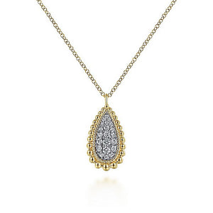 Gabriel & Co. - NK6357Y45JJ - 14K Yellow Gold Teardrop Diamond Pav‚ Pendant Necklace with Beaded Frame