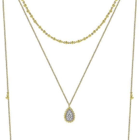 Gabriel & Co. - NK6369M45JJ - 14K Yellow Gold 3 Strand Teardrop Diamond Pav‚ Necklace with Drops