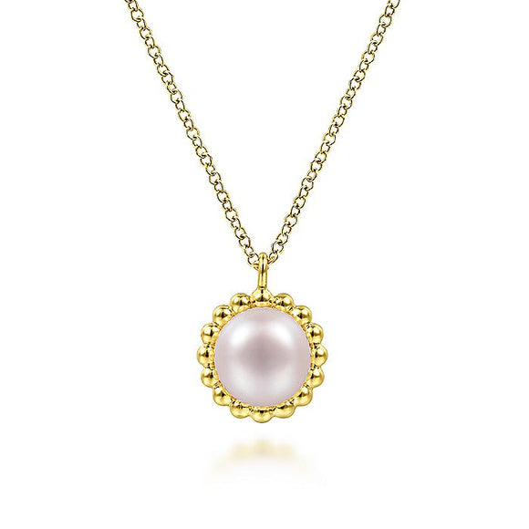 Gabriel & CO 14K Yellow Gold Round Pearl Pendant Necklace with Bujukan Beaded Frame NK6412Y4JPL