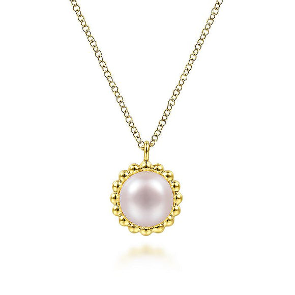 Gabriel & Co. - NK6412Y4JPL - 14K Yellow Gold Round Pearl Pendant Necklace with Bujukan Beaded Frame