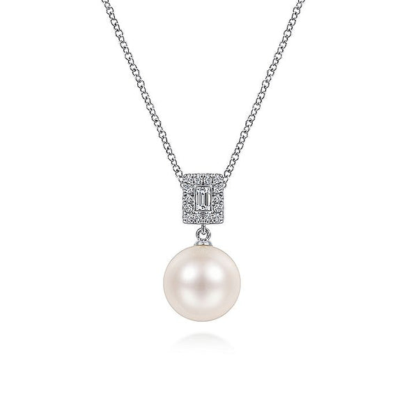 Gabriel & Co. - NK6627W45PL - 14K White Gold Pav‚ Diamond and Pearl Pendant Necklace