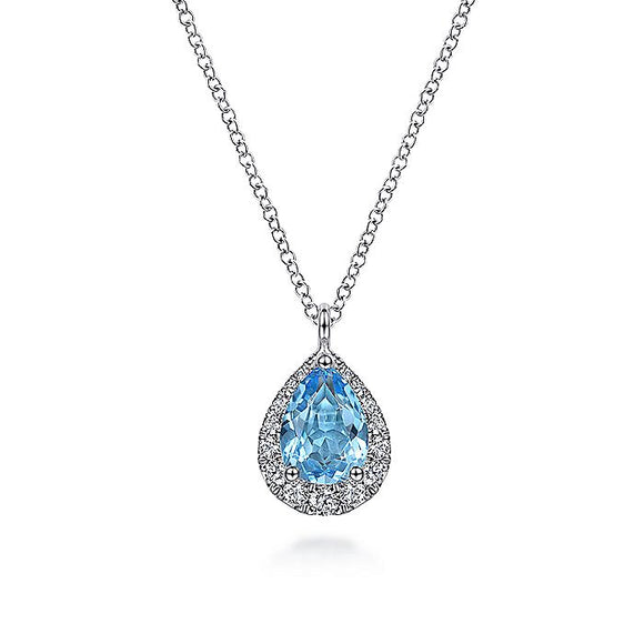 Gabriel & Co. - NK6629W45BT - 14K White Gold Pear Shape Blue Topaz and Diamond Halo Pendant Necklace