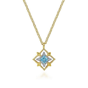 Gabriel & Co. - NK6873Y45BT - 14K Yellow Gold Round Swiss Blue Topaz and Diamond Floral  Pendant Necklace