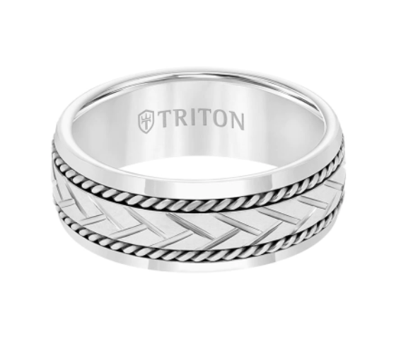 Triton 8MM Tungsten Carbide Ring - Woven Cut Center and Bevel Edge