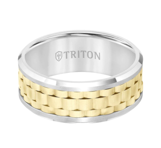 Triton 9MM Tungsten Carbide Ring - Basketweave Center and Bevel Edge