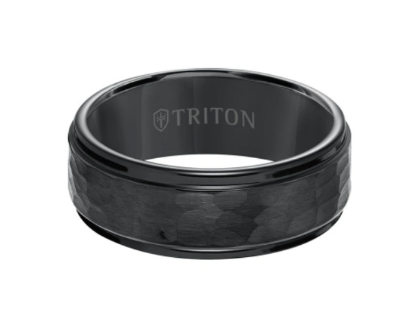 Triton 8MM Tungsten Carbide Ring - Hammered Center and Step Edge
