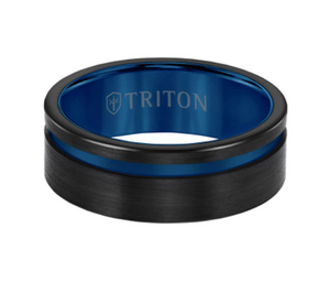 Triton 8MM Tungsten Carbide Ring Blue and Black Satin Finish and Asymmetrical Channel