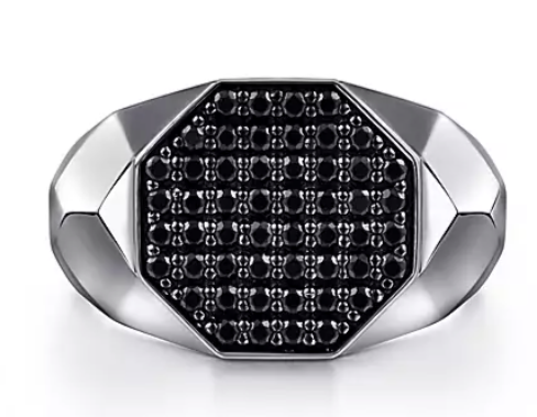 Gabriel & Co Wide 925 Sterling Silver Faceted Signet Ring with Black Spinel Pavé MR52063SVJBS